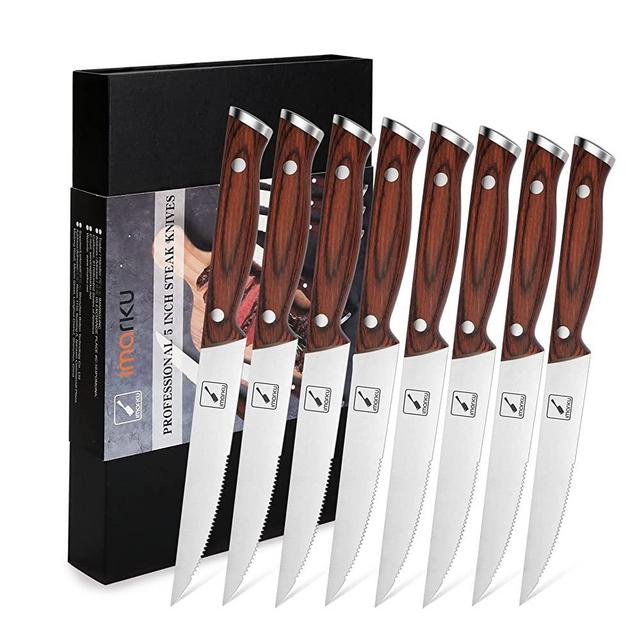 imarku Steak Knives, Serrated Steak knives Set of 8, Japanese HC Steel Knife Set, Premium Serrated Carbon Stainless Steel Steak Knife with Gift Box,9 Inches/Piece