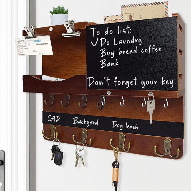 HEKOOLA Farmhouse Key and Mail Holder for Wall Decorative, Rustic Mail and Key Organizer for Wall with Different Hooks, Blackboard, Shelf, Basket, Clips(Pine Wood, Brown)