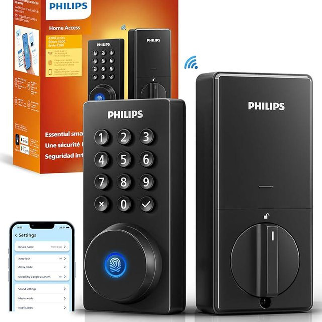 Philips Wi-Fi Door Lock, WiFi Smart Lock Keyless Entry Deadbolt for Front Door, Compatible with Alexa & Google Assistant, Remote Control, Built-in WiFi, APP Fingerprint Passcode Unlock, Auto Locking
