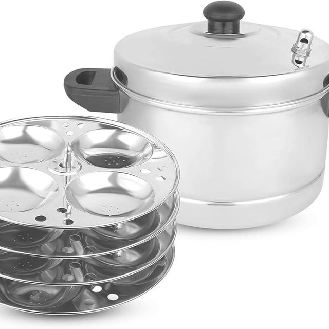 KSJONE Stainless Steel Idli Cooker with Whistle Indicator, Induction & Gas Stove Compatible Idli Maker, Food Grade 4 Idli Plates, Makes up to 16 Idlis, Multi-Purpose Pot for Rice, Dal, Vegetables