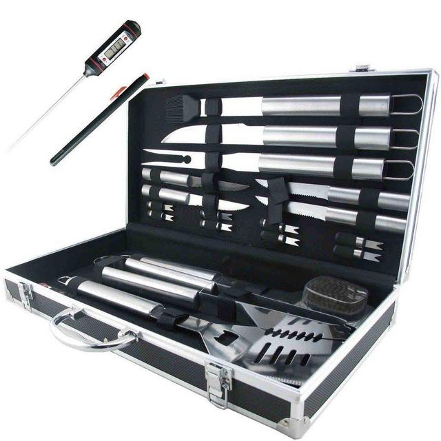 Teikis 19-Piece Stainless Steel BBQ & Grilling Tools Set with Digital Thermometer and Aluminium Storage Case