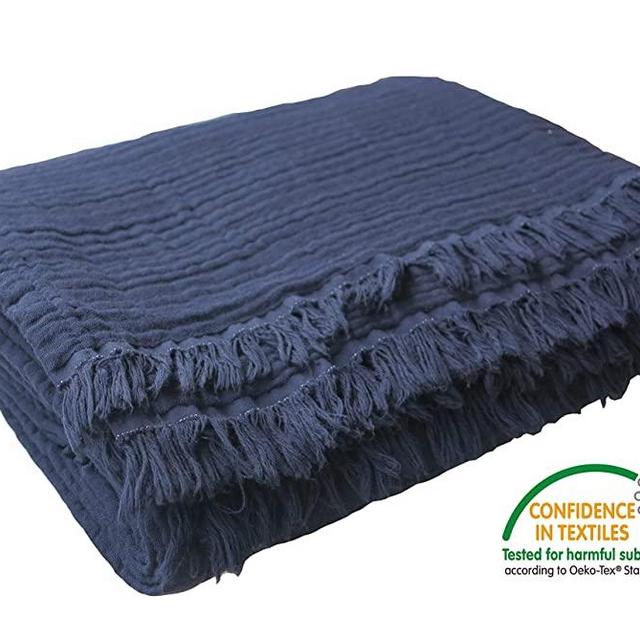 Pre-Washed 100% Organic Muslin Cotton Throw Blanket for Couch, Sofa, Adults and Kids, 4 Layers Breathable Plant Dyed Soft, Cozy, Warm Lightweight Bed Blanket, All Seasons (55"x60" inches) (Navy Blue)