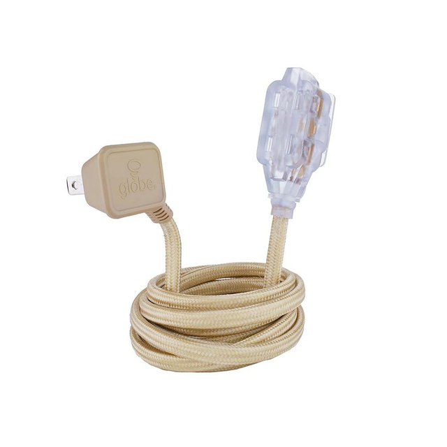 GLOBE Electric 22816 Designer Series 9ft Fabric Extension Cord, 3 Polarized Outlets, Right Angle Plug, 125 Volts, Gold