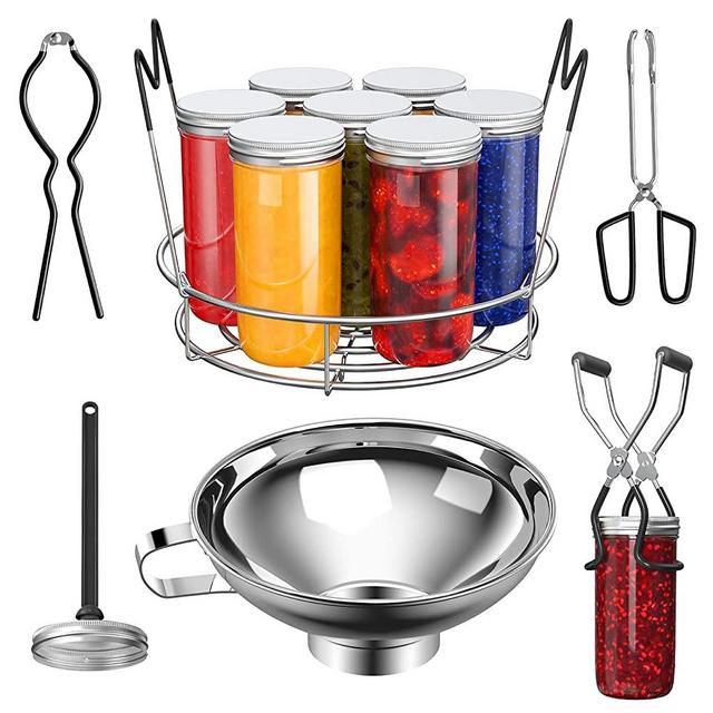 Pisol Canning Supplies Starter Kit, 7 Piece Canning Tools Set with Stainless Steel Rack, Wide Mouth Funnel, Kitchen Tongs, Jar Lifter, Magnetic Lid Lifter, jar Wrench, Bubble Popper