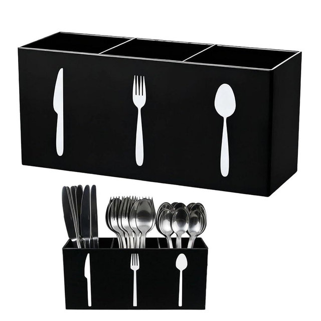 Eselatin Utensil Holder,Silverware Holder for Countertop,3 Compartments Silverware Caddy,Plastic Utensil Holder,Spoon Holder,Large Capacity Cutlery, Spoon, Fork, and Knife Rack（Black）