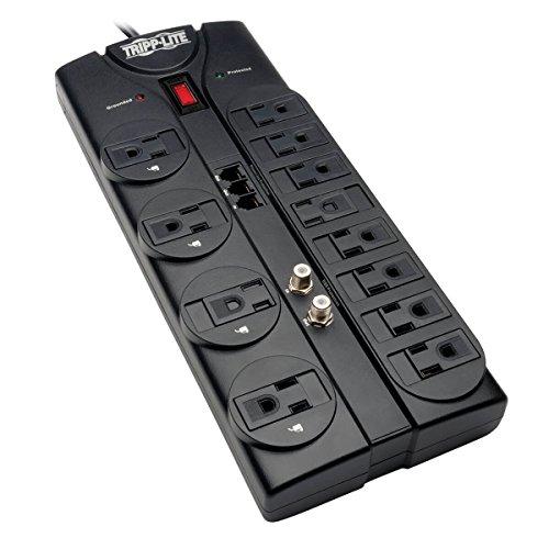 Tripp Lite 12 Outlet Surge Protector Power Strip, 8ft Cord, Right-Angle Plug, Tel/Modem/Coax Protection, RJ11, & $150,000 Insurance (TLP1208TELTV),Black