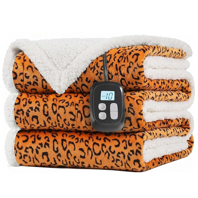 LaffyLo Electric Heated Blanket Full Size 72 x 84, Fast Heating Blanket, Dual-Sided Flannel Sherpa, 10 Heat Settings, 1-12 Hour Auto Off, Machine Washable, Leopard Black Yellow
