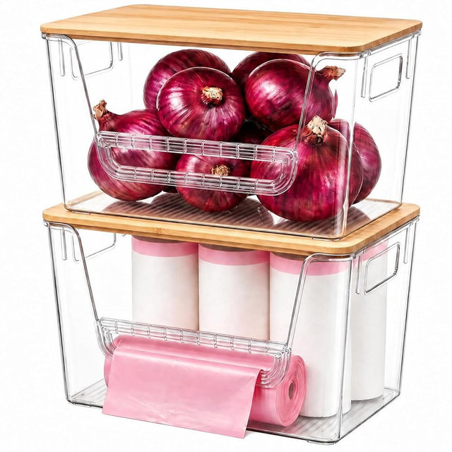 GUGEMEI 2 Pack Pantry Organizer and Storage with Bamboo Lid, Stackable Trash Bag Dispenser Under Sink Organizer for 4-33 Gal Bags, Pantry Organizers Storage for Onion, Potato, Fruit, Vegetable, Snack