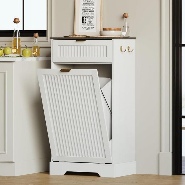 METOTI 13 Gallons Tilt Out Trash Can Cabinet, Wooden Fluted Trash Garbage Can Cabinet with Drawers, Hidden Laundry Hamper with Hooks for Kitchen Living Room, White