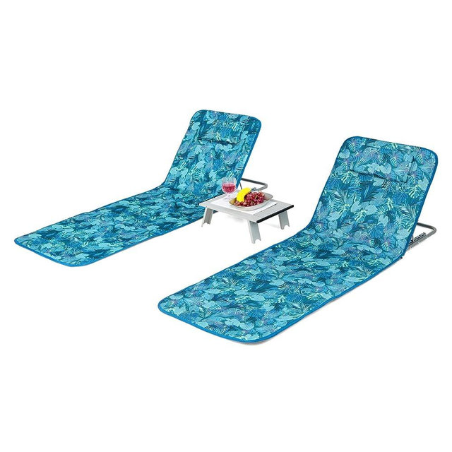 Giantex Beach Chairs with Side Table - 2 Pack Folding Lounge Chairs for Adults, 5 Position Adjustable Lawn Chair for Outdoor Sunbathing, Patio Chaise Lounge Lightweight Backpack Camping Chairs (Teal)