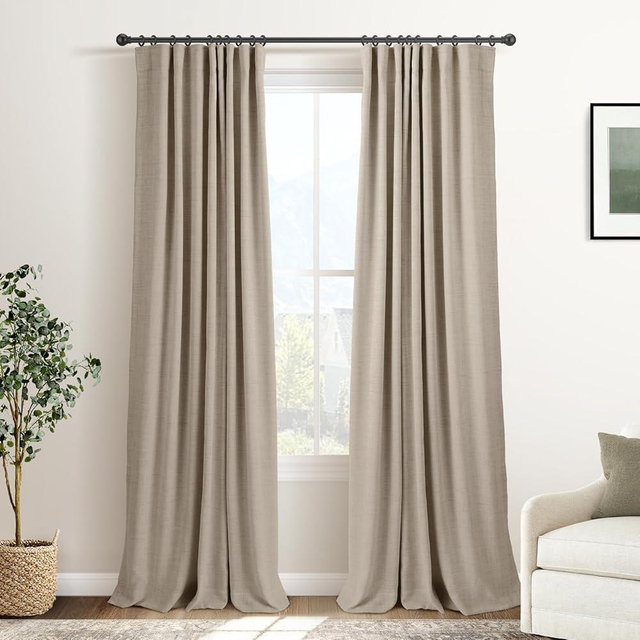 INOVADAY 100% Blackout Curtains for Bedroom, Black Out Curtains 96 Inch Long, Clip Rings Linen Blackout Drapes, Thermal Insulated Room Darkening for Living Room, 2 Panels - Earthy Beige,W50xL96