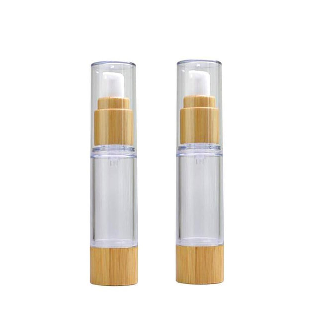 2PCS 50ml/1.7OZ Empty Vacuum Emulsion Bottle Airless Pump Press Lotion Bottle Containers Cosmetics Case Vials Pot Case With Bamboo Pump Head For Cream Liquid Cleanser Makeup Essential Oil (Clear)
