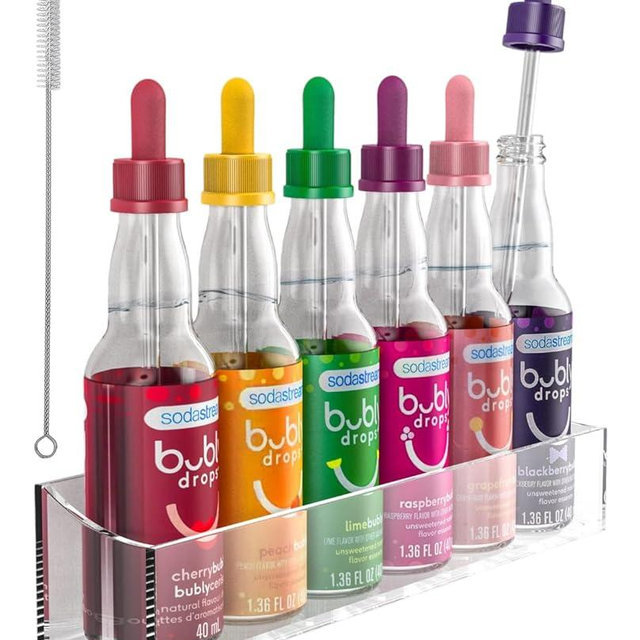 GALVANOX Glass Dropper Pipettes with 6-Bottle Holder for SodaStream Bubly Drops Flavors, Countertop/Wall Mount Organizer (6 Color Matched Suction Droppers)
