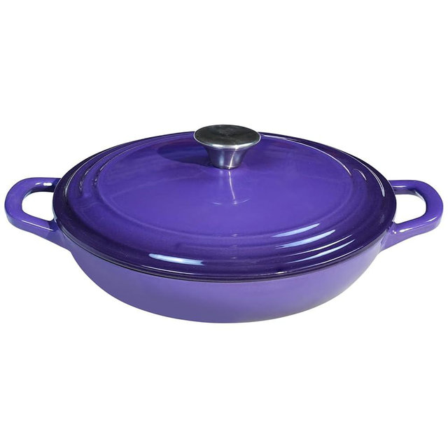 Flavehc Braiser Enameled Cast Iron Braiser 2.25 qt Braiser Pan with Lid Purple Shallow Cast Iron Casserole Braiser Pan with Handels