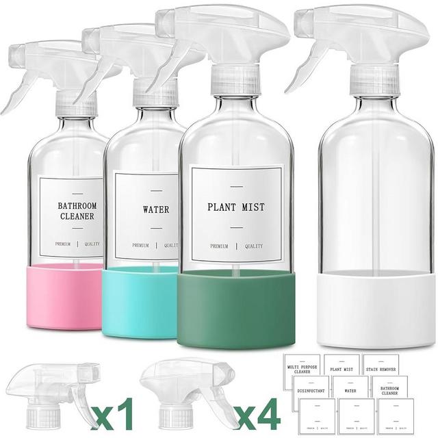 GMISUN Glass Spray Bottles for Cleaning, Spray Bottles for Cleaning Solutions 16oz, Reusable Spray Bottle for Plants, 4Pack Clear Cleaning Spray Bottle - 4 No Leak Nozzles, Silicone Sleeve, Labels