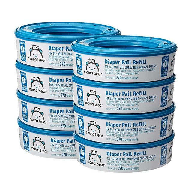 Amazon Brand - Mama Bear Diaper Pail Refills for Diaper Genie Pails, 1 Count (Pack of 8)