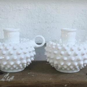 Fenton candleholders ~ Fenton hobnail milk glass candle sticks ~ milk glass finger loop candle holders ~ vintage Fenton milk glass