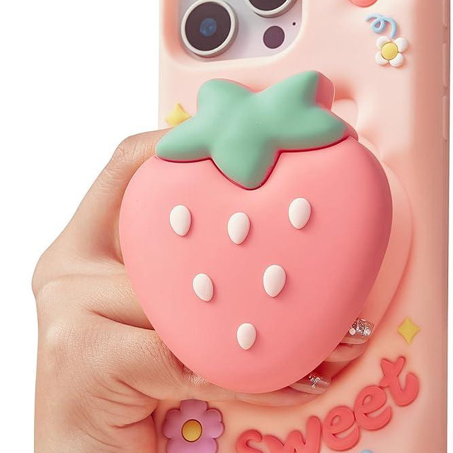TUFTA Cute 3D Strawberry Pop-Up Stand and Grip Phone Case for iPhone 13 Pro, Kawaii Girly Silicone Fruit Cover for Girls and Women, Pink