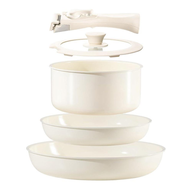 Chef Power Ceramic Nonstick Cookware Set 5 Piece with Detachable Handle, Induction Dishwasher Oven Safe Pans and Pots Set, RV Kicthen Set Removable Handle, Cream White