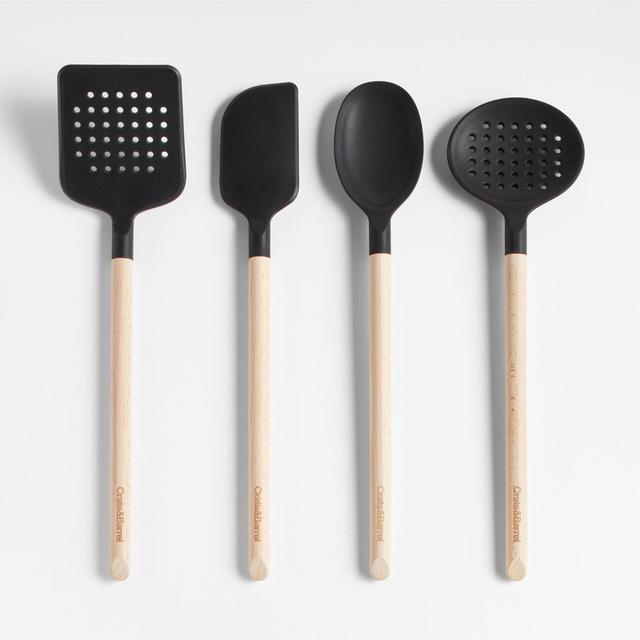 Crate & Barrel Black Silicone and Wood Utensils, Set of 4