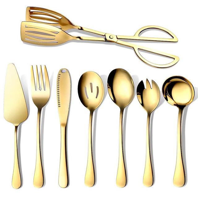OGORI 8-Piece Gold Serving Utensils, Polished Stainless Steel Flatware Silverware Set Cutlery Set Include Serving Tong, Cake Server, Fork, Salad Fork, Butter Knife, Slotted Spoon, Spoon, Soup Spoon
