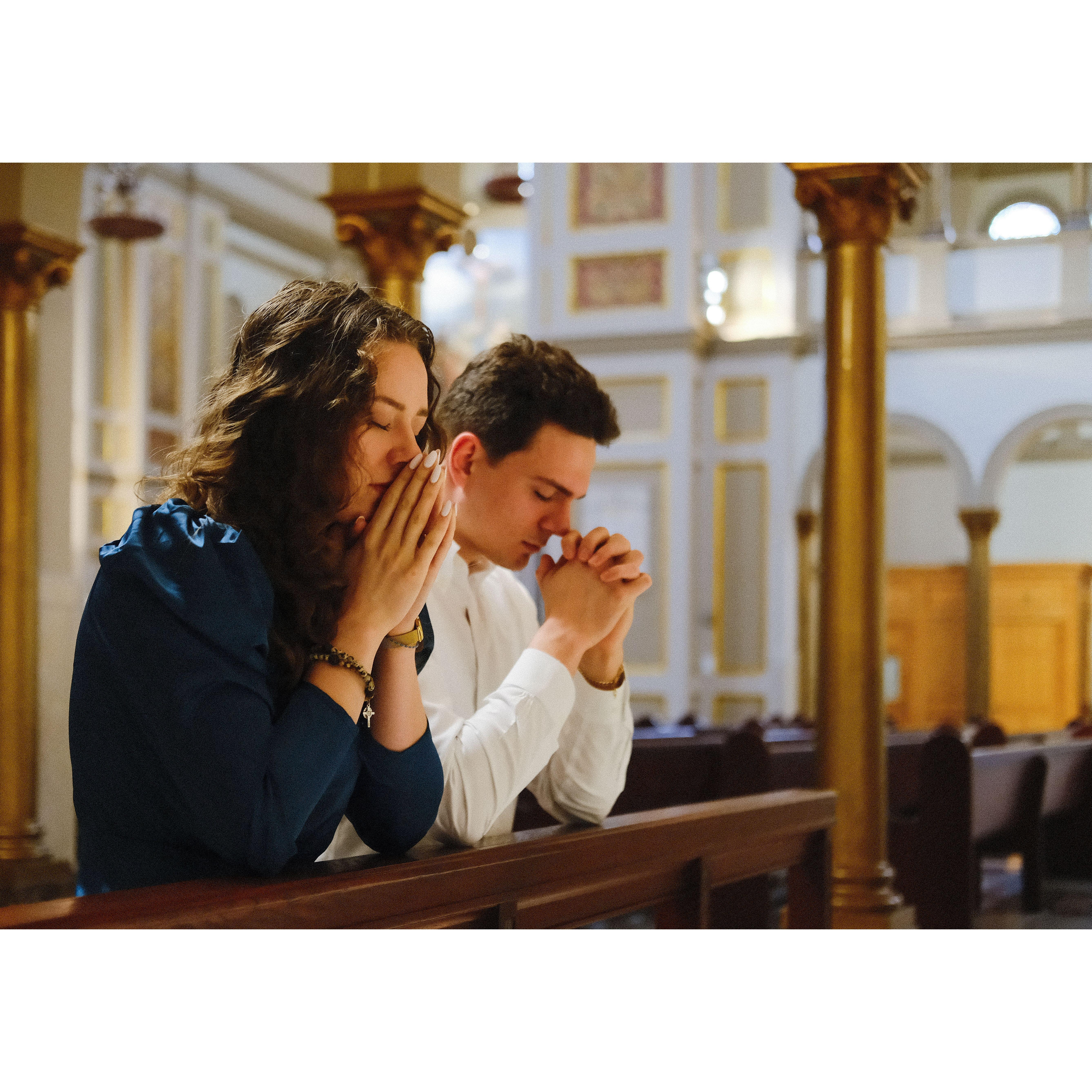 While we were taking our engagement photos, we stopped to say a quick prayer of thanks :)