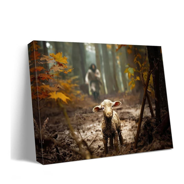 Baptism gifts for boys or girl wall decor, christian gifts for women & men, Jesus and Lamb Canvas poster Jesus Running After Lost Lamb Picture for prayer room Posters religious gift serenity prayer wall art for home decor A-366 (24"X16")