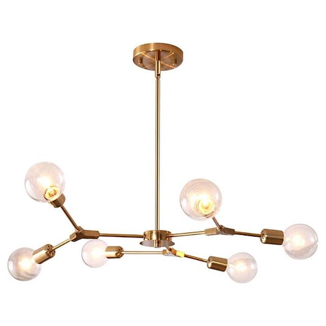 KCO Lighting Modern Sputnik Chandelier Brushed Brass Hanging Lamp Industrial Flush Mount Ceiling Light Fixture Adjustable Hanging Lamp for Living Room (6 Lights Gold)