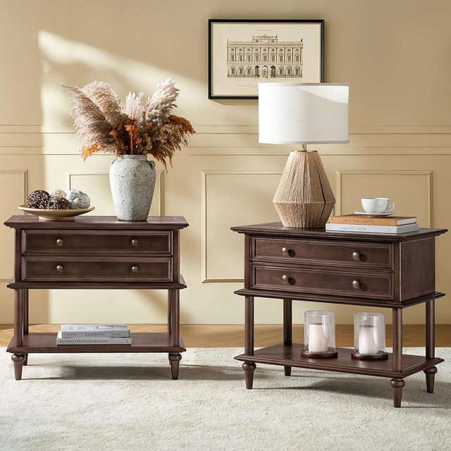 HULALA HOME Farmhouse Nightstand Set of 2 with Drawer & Open Shelf, Natural Wood End Table with Solid Wood Legs, 28.4'' Wide Sofa Side Table with Charging Station(Walnut)