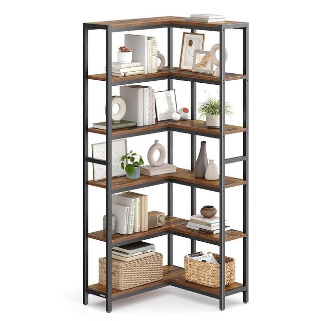 VASAGLE 6 Tier Bookshelf with Metal Frame, Convertible Industrial Corner Shelf, 9.4 x 40.2 x 69 Inches, for Living Room, Bedroom, Home Office, Rustic Brown and Ink Black ULLS606K01