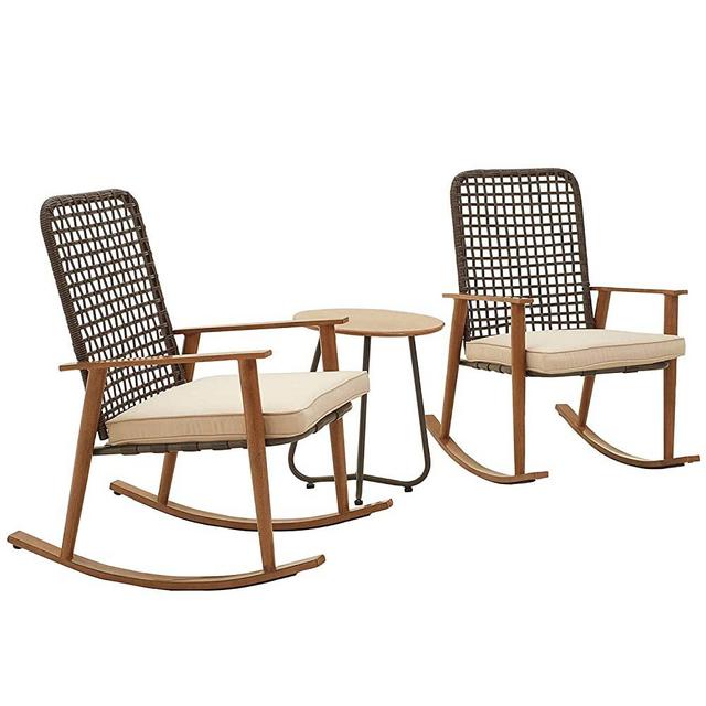 PatioFestival Patio Bistro Set Wood Grain Finish Outdoor Conversation Set Rocking Chairs with Coffee Table All Weather Frame (3Pcs, Khaki)