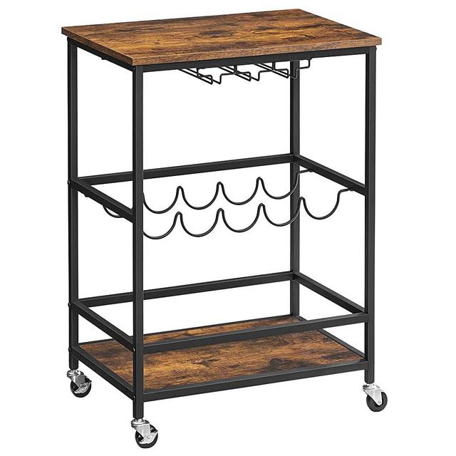 VASAGLE Bar Cart, Serving Cart with Wheels, Glass Stemware Rack and Wine Bottle Holders, 23.6 x 15.7 x 29.5 Inches, Industrial, Rustic Brown and Black ULRC087B01
