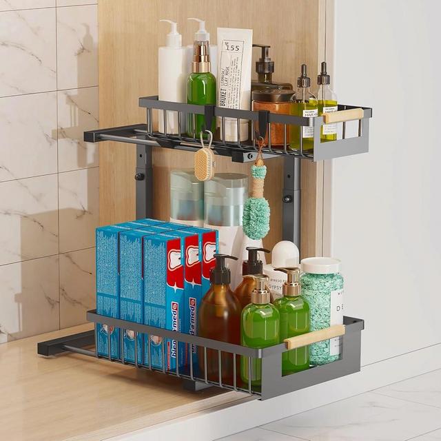 Under Sink Organizer, 2-Tier Slide Out Under Cabinet Storage Bathroom, Adjustable Double Layer Under Sink Storage, Space Saving Under Kitchen Sink Organizer for Cleaning Supplies(Black,1 Pack)