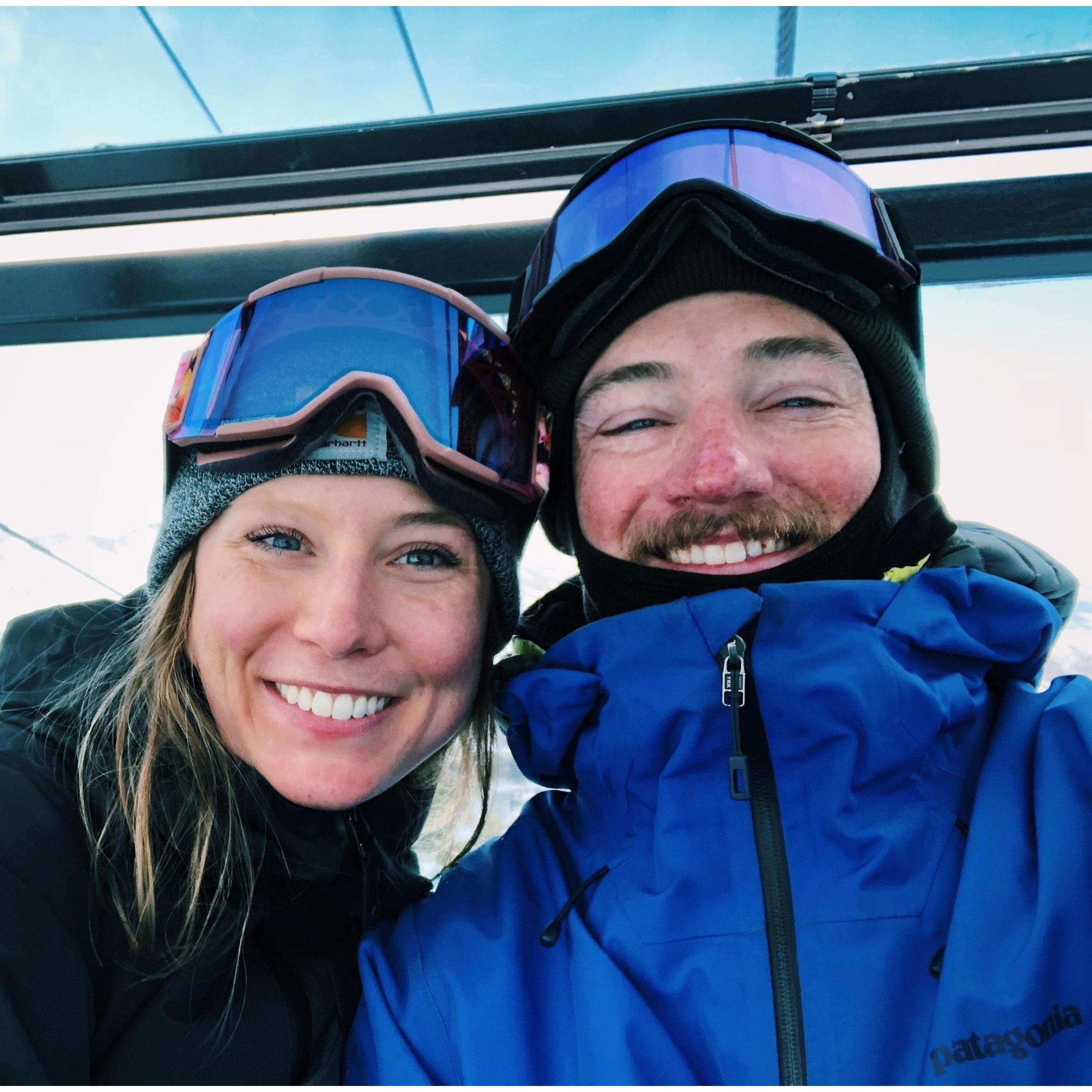 Skiing & snowboarding together is one of our favorite activities! A quick snap while riding up the gondola last winter at Snow Basin!
