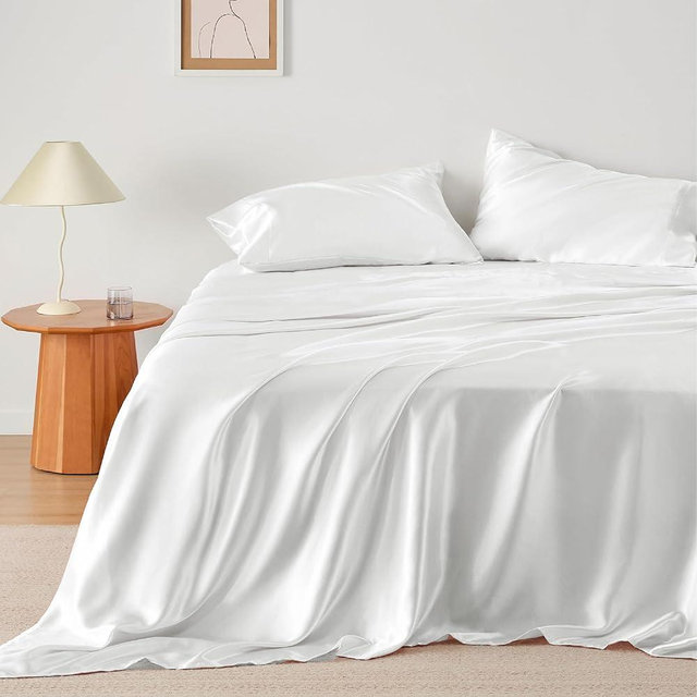 Bedsure Satin Sheets - Soft Satin Bed Sheets Queen Set, 4 Pcs Luxury Silky Sheets, Similar to Silk Sheets, Pure White Satin Sheets Queen Size for Hair and Skin, Gifts for Women