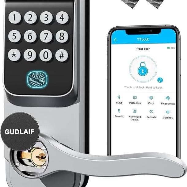 5 in 1 Fingerprint Smart Front Door Lock Set, Keyless Entry Door Lock with Handle, Touchscreen Keypad Deadbolt, Works with App,Code Door Lock, Easy Installation