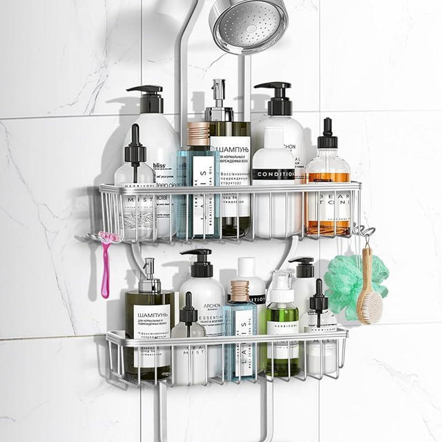 MSAICOE Shower Caddy Hanging - Never Rust Shower Hanging Organizer - Aluminum Over the ShowerHead Caddy with 6 Hooks for Razor/Sponge (Silver)