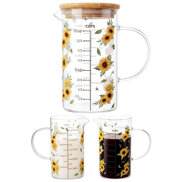 Zhehao Glass Measuring Cup 16oz/2cups/500ml Easy to Read V-shaped Spout High Borosilicate Glass Measuring Cup with Bamboo Lid Stirring Spoon and Brush for Coffee Kitchen Baking Cooking(Sunflower)