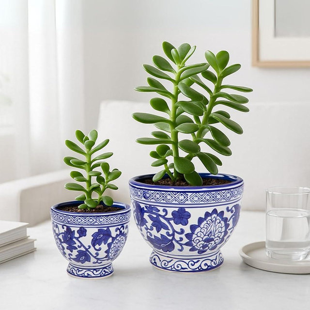 Set of 2 Bowl Chinoiserie Decorative Planter Pot with Drainage – Ceramic Outdoor & Indoor Plant Pot – Modern Garden & Home Decor Planters – 5" & 7", Blue & White
