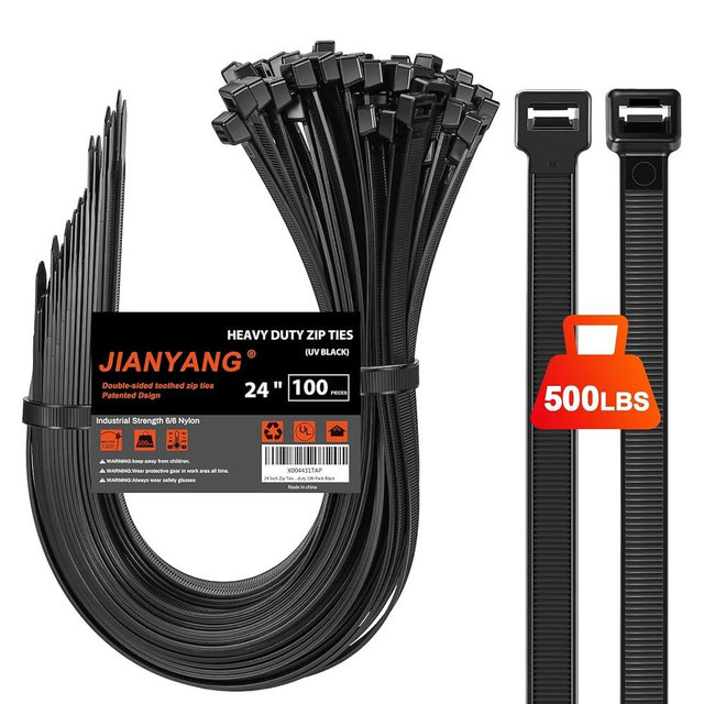 Long Zip Ties Heavy Duty 24 inch，500 LBS Tensile Strength With Double Sided Toothed Super Durable Cable Ties ，Extra Large Wire Ties Adjustable Nylon Tie Wraps for Indoor Outdoor （100 Pack Black）