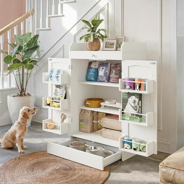FIMELLO 41’’ Dog Feeding Station with Storage Cabinet with Adjustable Shelf and Toe Kick Drawer, Pet Organizers and Storage, Dog Feeder Station, Pet Storage Cabinet for Cats and Dogs, White
