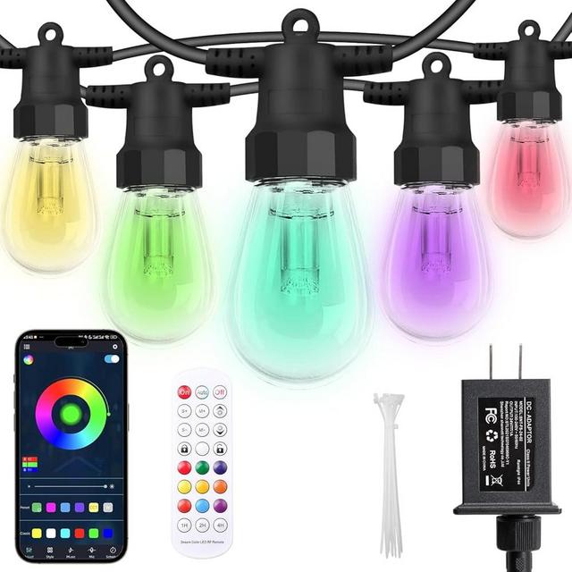 Outdoor String Lights 100FT (2×50FT), Patio Lights with 40 Dimmable RGBW LED Bulbs, IP66 Waterproof & Shatterproof, APP & Remote Control, 24V Adapter, Color Changing Lights for Backyard Decor