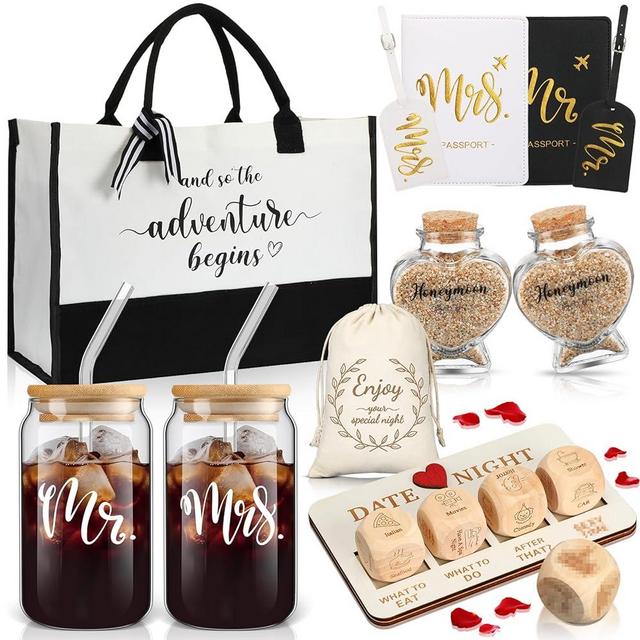 Sunnychicc 16 Pcs Wedding Gifts for Couple Mr and Mrs Honeymoon Gifts Bride Groom Gifts Engagement Gifts Include Glass Date Night Dice Passport Holder Baggage Tag Sand Jar Tote Bag Honeymoon Essential