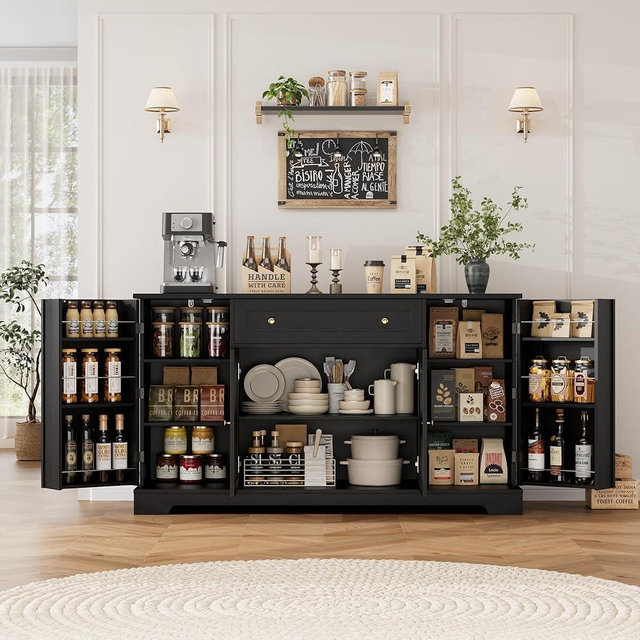 HITHOS 54" Buffet Cabinet with Storage, Modern Kitchen Buffet Sideboard with Drawer, Wood Coffee Bar Cabinet with Adjustable Shelves, Kitchen Storage Cabinet for Living Room, Black