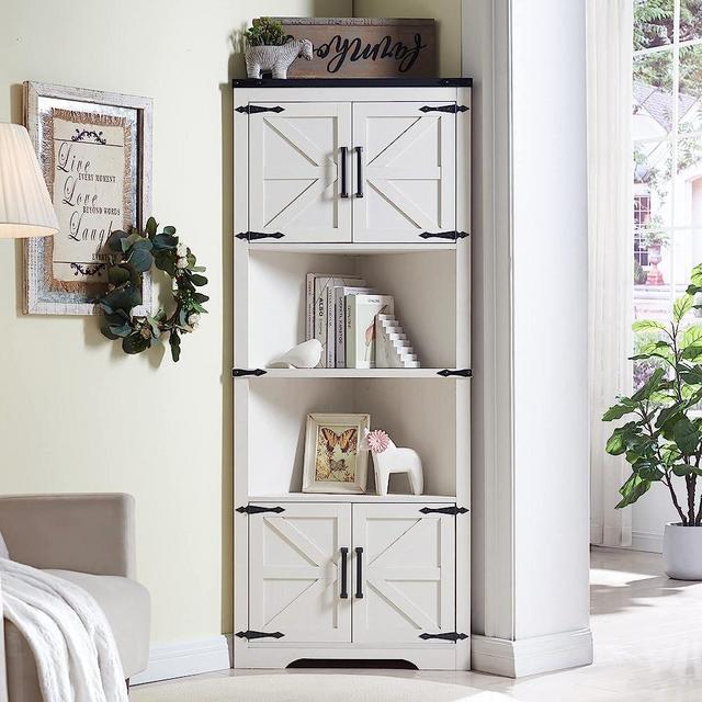 JXQTLINGMU Farmhouse Corner Cabinet, Tall Corner Bathroom Storage Cabinet with Barn Door Design & Adjustable Shelves, for Laundry Room, Living Room, Kitchen,(White)
