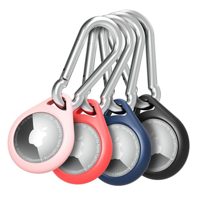 Vena Silicone Protective Case with Caribiner for Apple AirTag - Black, Red, Blue & Pink - 4 Pack