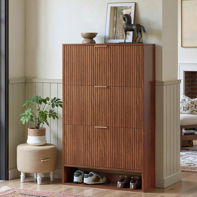 Hootata Walnut Shoe Storage Cabinet for Entryway with 3 Flip Drawers, Fluted Slim Shoe Cabinet, Free Standing Wooden Shoes Organizer for Foyer, Hallway