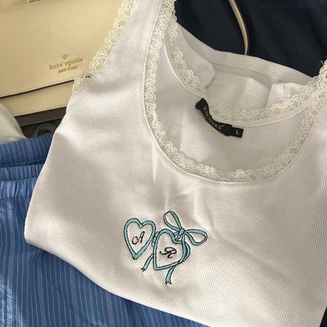 Size: Large, Coquette baby tee Embroidered tank top personalized locket Dainty Cute Bachelorette Party Shirt Vintage Aesthetic Wedding Bridal Gift Top
