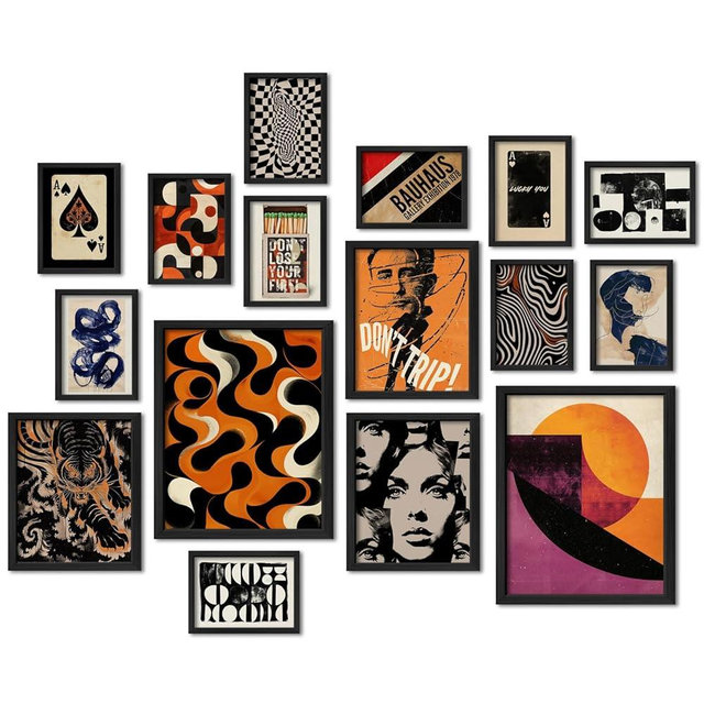 ANERZA 16 PCS Retro 70s Wall Art Decor, Eclectic Vintage Gallery Wall Prints for Bedroom, Abstract Minimalist Posters for Living Room Aesthetic, Collage Kit Pictures, 60s 80s 90s Dorm Home Decor