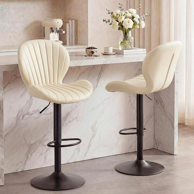 GRUSIGN Bar Stools Set of 2, Modern Swivel Adjustable Bar Chairs, Faux Leather Upholstered Counter Height Bar Stools with Backrest, Comfort Barstools for Kitchen Island, Home Bar, Beige